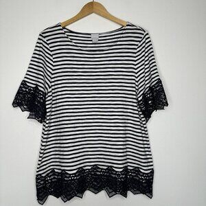 Nautical Knit Top Size XL Navy White Stripe Slub Lace‎ Hem